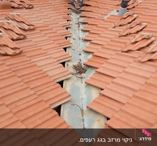 אדם מתקן רעפים על גג רעפים אדום